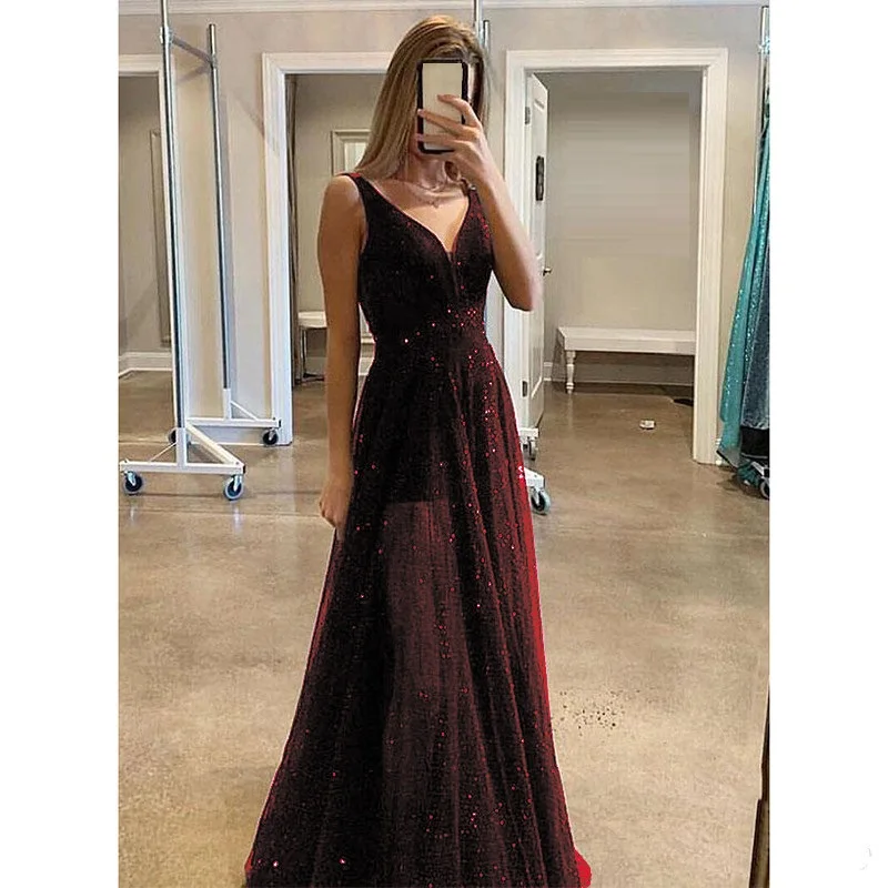 

Women sexy glitter sequin maxi dress deep v neck sleeveless fit and flare dinner dresses for women Purple green party frocks