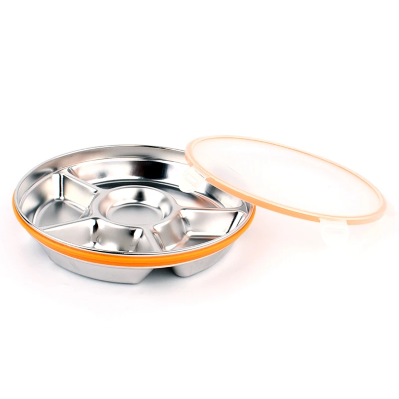

1 Pcs 201 Stainless Steel Dinner Plate 5 Sections Divided Dish 26cm Round Snack Dinner Silver Plates,Picnic Plates
