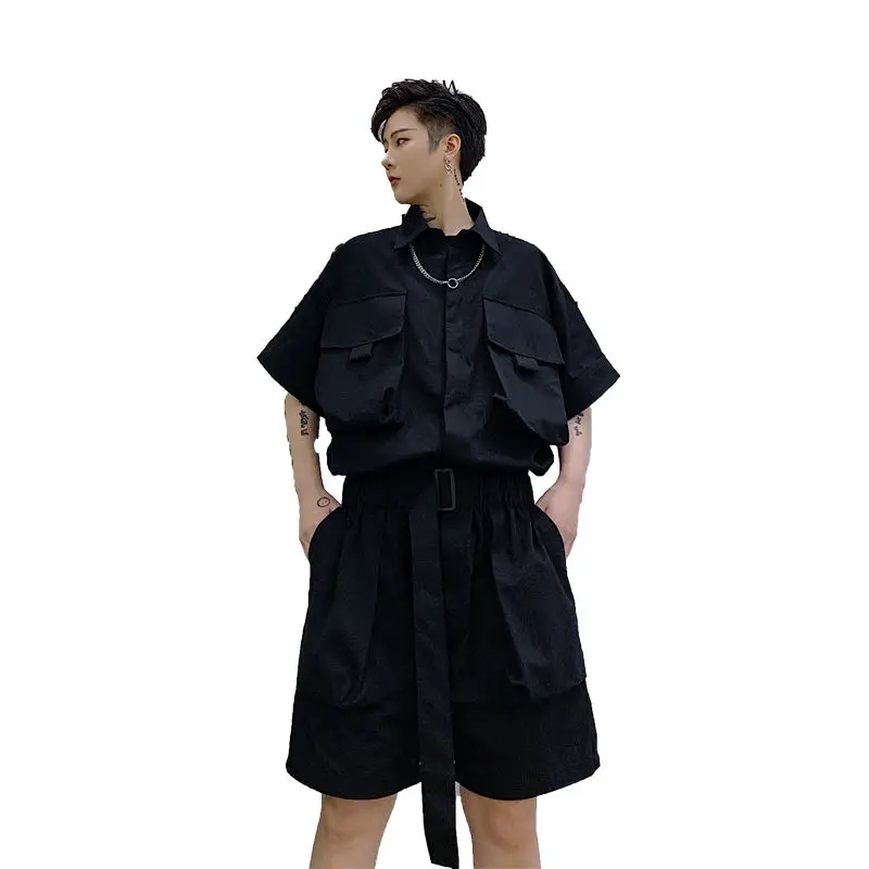 

2020 Summer New Youth Popular Solid Color Handsome Multi-pocket Tooling Short-sleeved Shirt Fashion Casual Jumpsuit Men's Suit