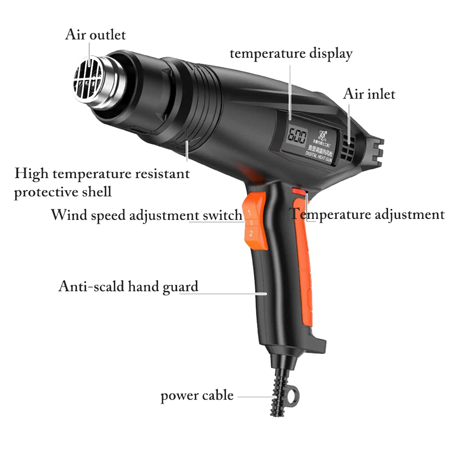 Тепловой пистолет с цифровым дисплеем 2500 Вт регулируемая 2 температуры