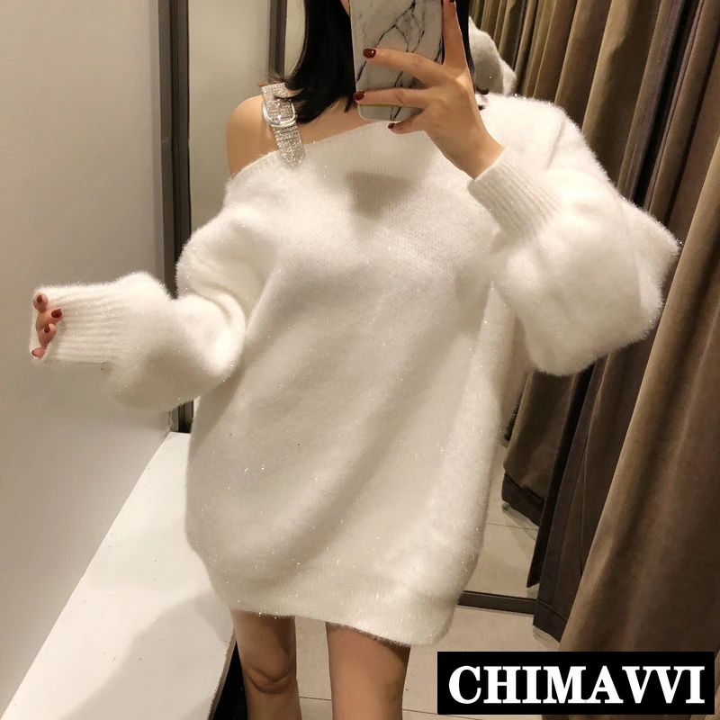 Женский свитер средней длины Белый свободный трикотажный со стразами и дырками