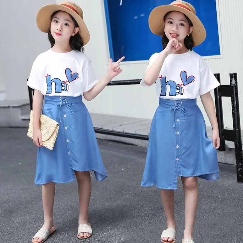 

Summer Children Clothing Sets For Girls Fashion Short Sleeve Tshirts & Skirt 2Pcs Teen Kid Clothes Suit Girls Costume 6 8 10 Yrs