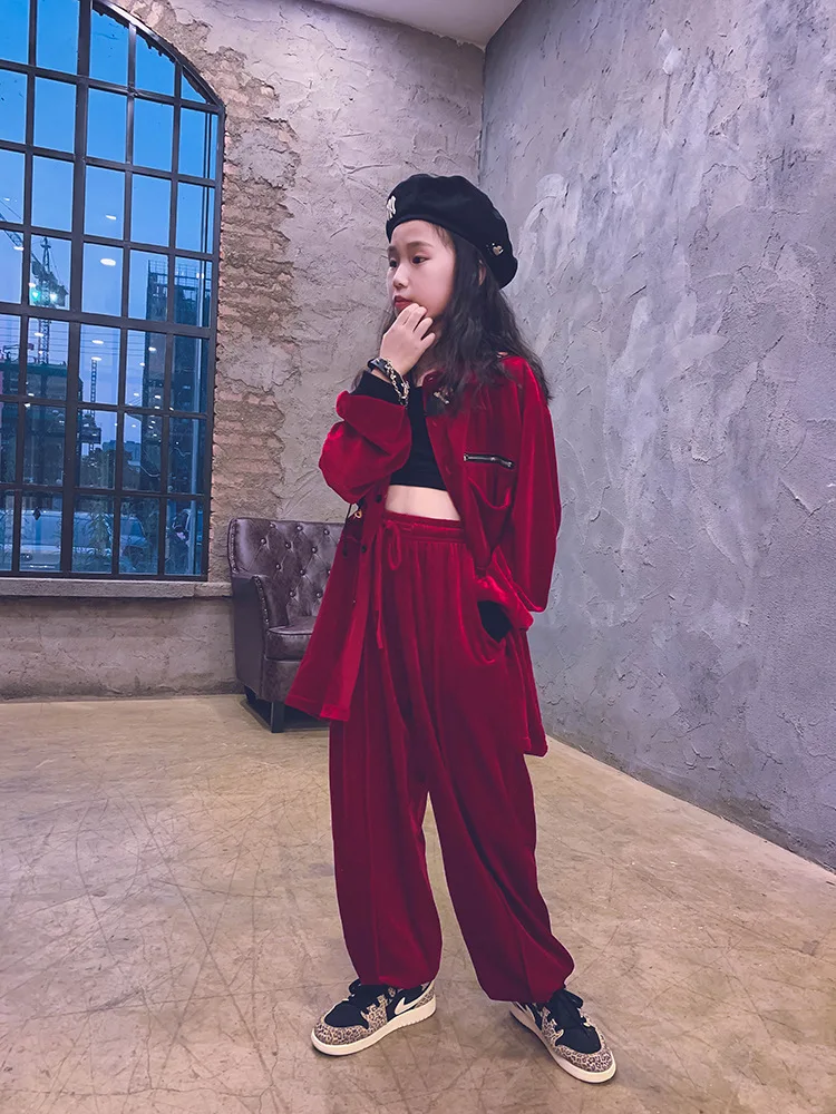 

8 10 years Girls Hiphop Clothes Set Baby Dance Suits 2 pieces Velvet Shirt Pants Fashion Cool Children Clothes