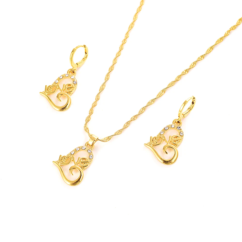 

New CZ Zirconlove Drop Earrings For Lover Gold plated Chain Necklace Fashion Woman wedding bridal Jewelry Sets
