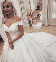 luxury off the shoulder wedding dress 2022 puffy lace appliques plus size ivory long train vestido de novia gowns for bride