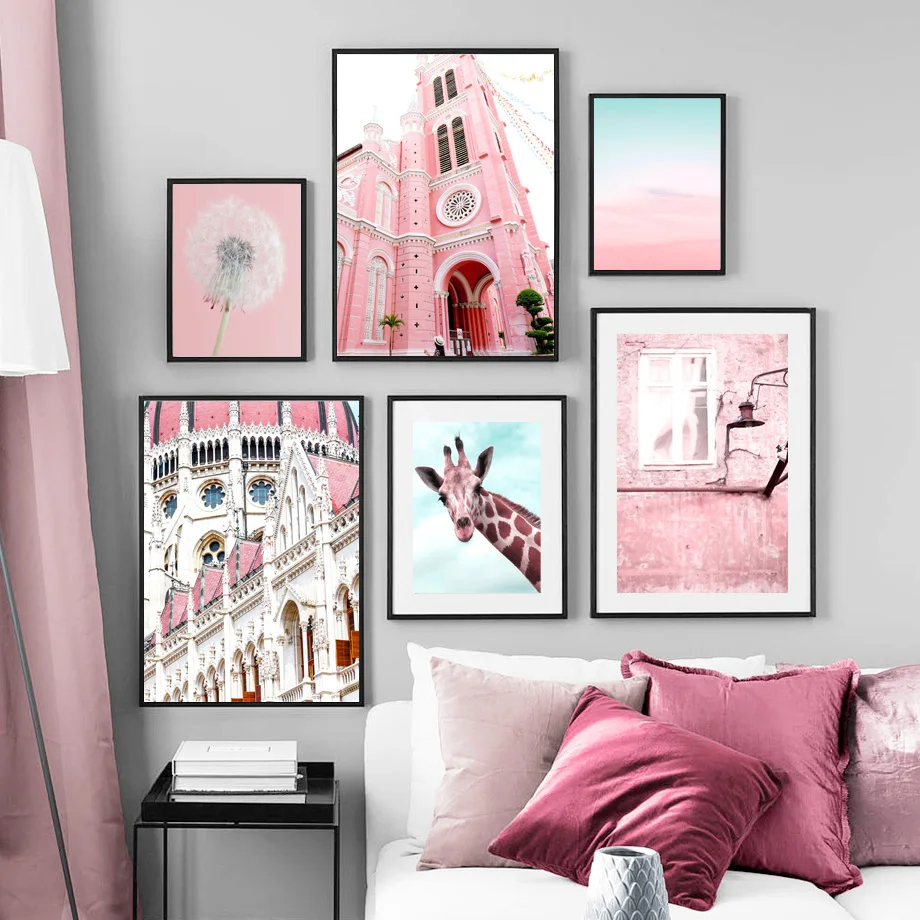 

Modern Pink Cathedral Giraffe Dandelion Wall Art Canvas Painting Nordic Posters And Prints Wall Pictures For Living Room Decor
