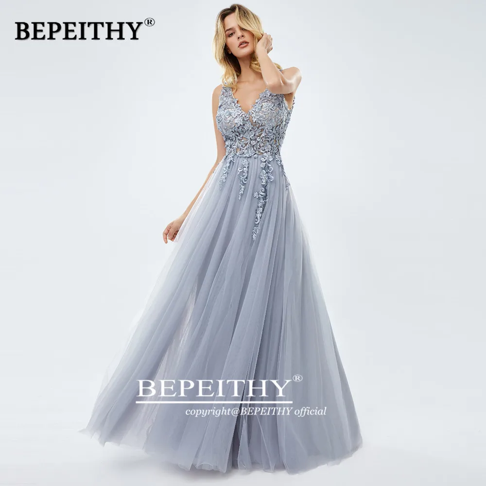 Серебристый A-linr серое вечернее платье платья с разрезом Robe De Mariee элегантные кружевные вечерние платья для выпускного вечера - Цвет: Серебристый