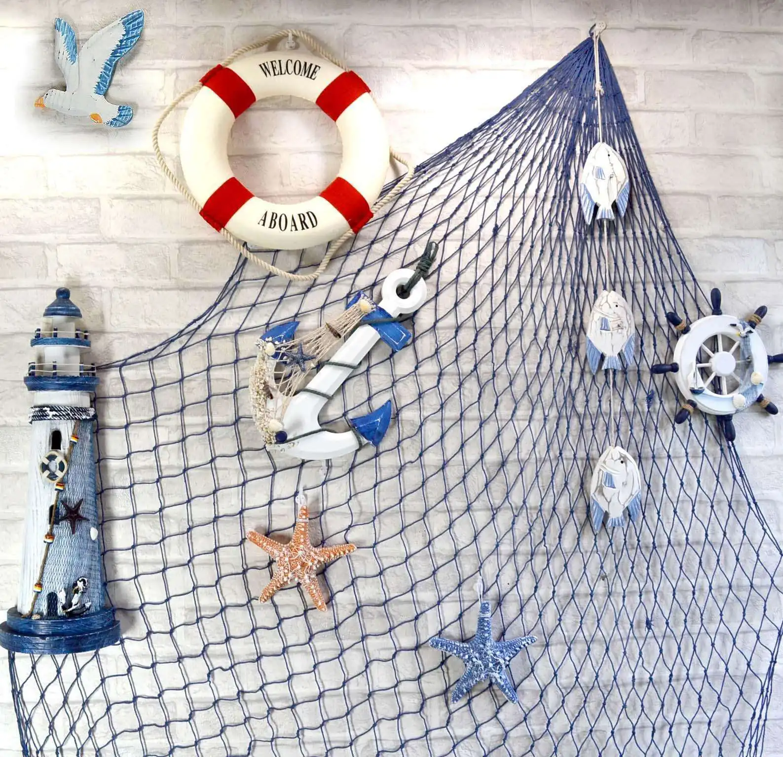 

Mediterranean Fishing Net Nautical Home Decor Seashell Anchor Decor Sea Decoration Hand-woven Float Wall Decoration Marine Style