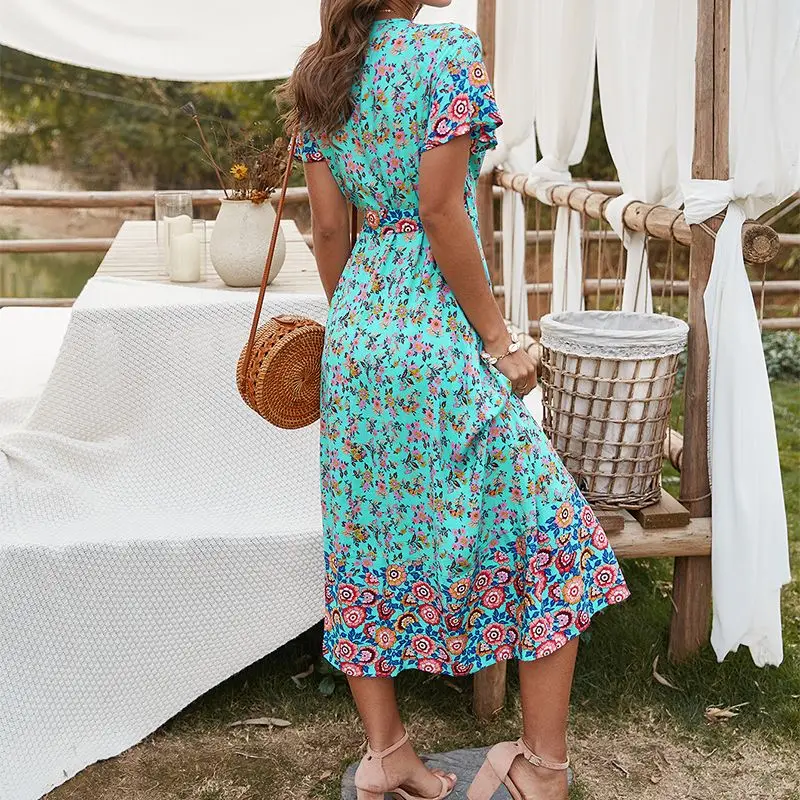 

2021 Fashion Boho Women Dress Pattern With Flowers Yellow Navy Blue Office Lady Dress For Women