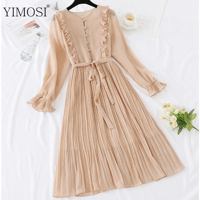 Винтажное плиссированное платье в горошек с оборками Повседневное средней длины