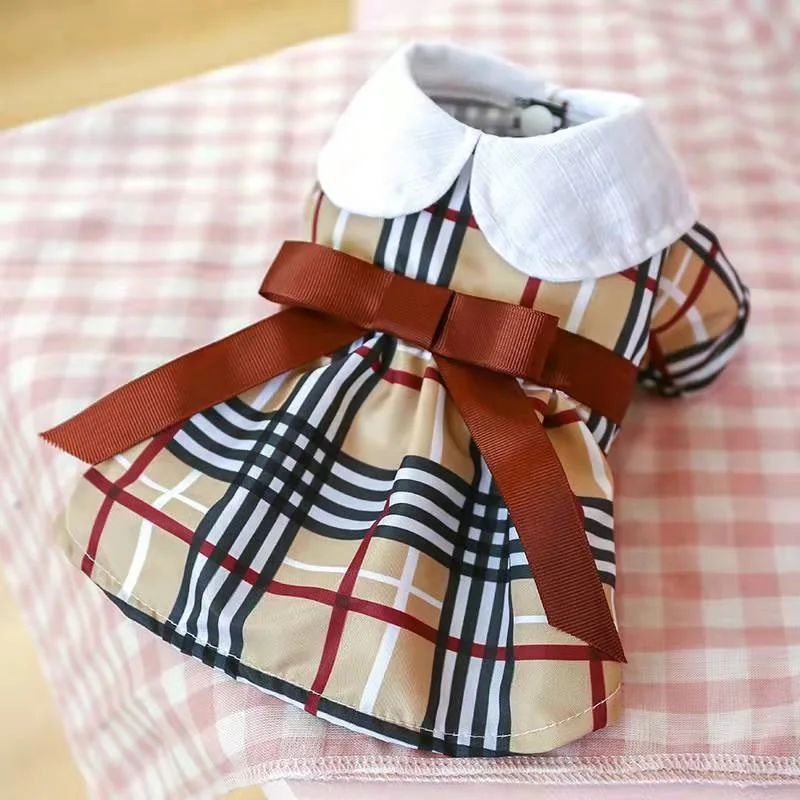 

Dog Spring And Autumn Lapel Dress, Puppy Dress, Small Dog Cat Two-Legged Pet Dress Dress, Plaid Skirt Dog Dress