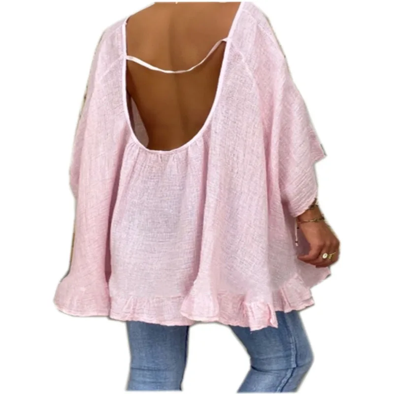 

Large size loose casual Womens blouses shirts 2021 summer womens shirts One word collar hollow open back sexy Top shirt