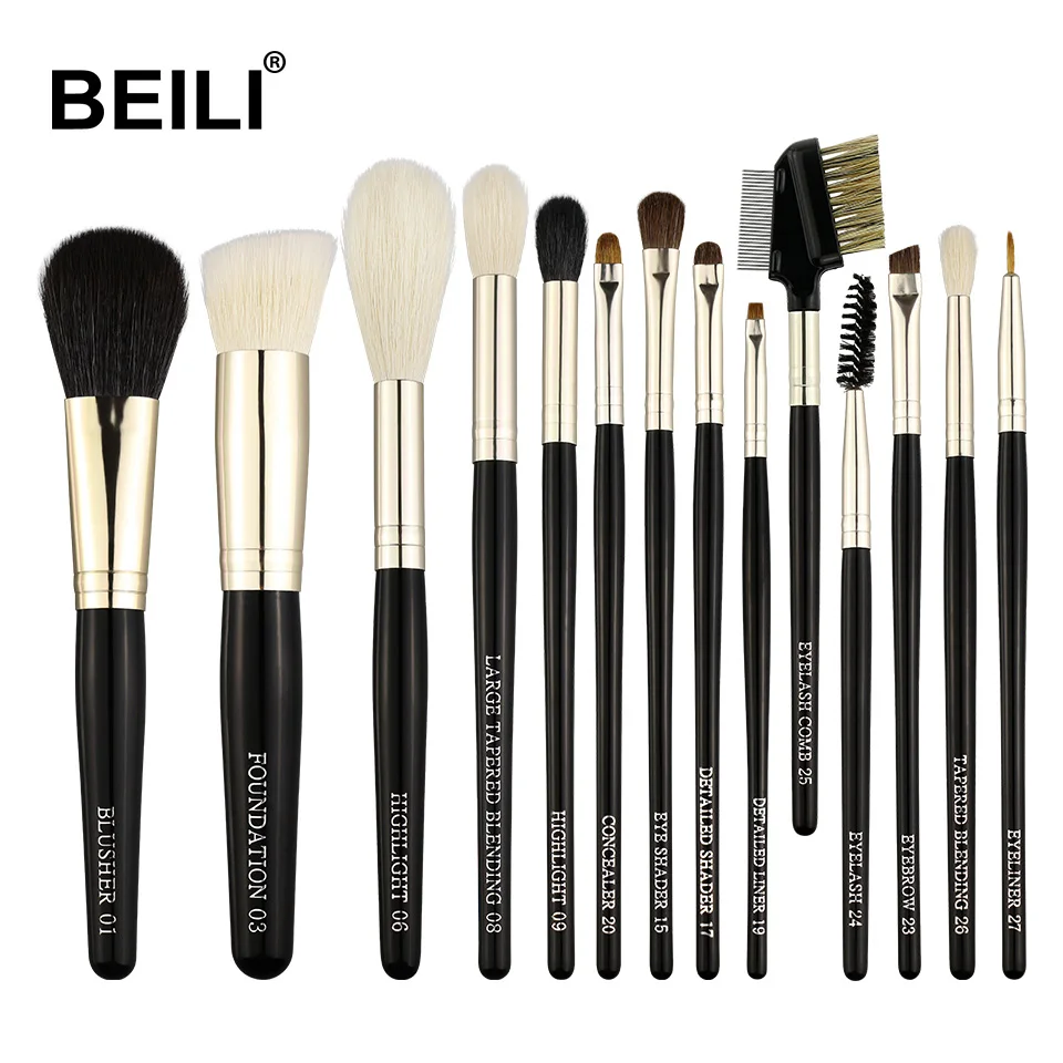 J-14PCS BEILI 21 шт. Черный Профессиональный набор кистей для макияжа Натуральный козий пони ласка для волос Тени для век Смешивание основной пудры макияж кисти - Handle Color: J-14PCS