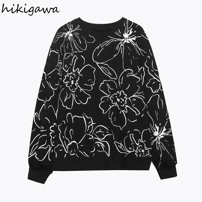 

Hikigawa Fashion Flower Printing Sweatshirt Women Casual O Neck Long Sleeve Loose Hoodies Streetwear Female Chic Design Tops
