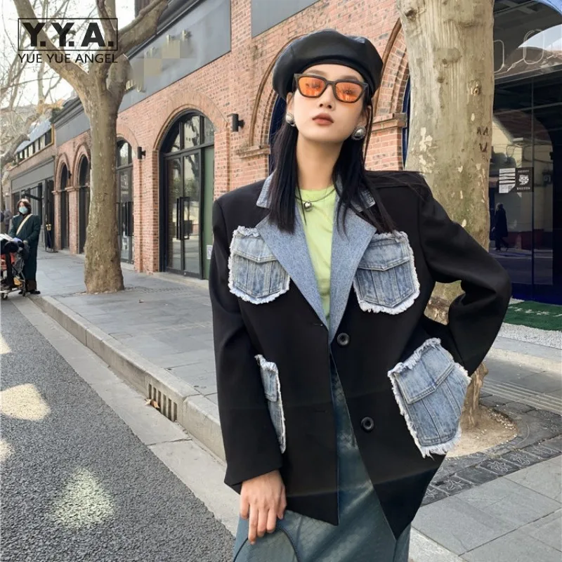 

Весенний модный пэчворк джинсовый пиджак пальто для женщин однобортный пиджак Хай-стрит Свободные повседневные пиджаки для женщин Дизайне...