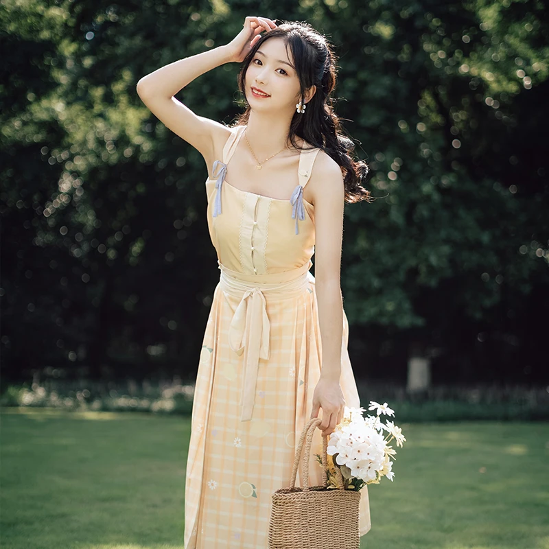 

Женский костюм в этническом стиле, желтый топ на бретелях и юбка, в китайском стиле, летний наряд, DWY4397, 2020