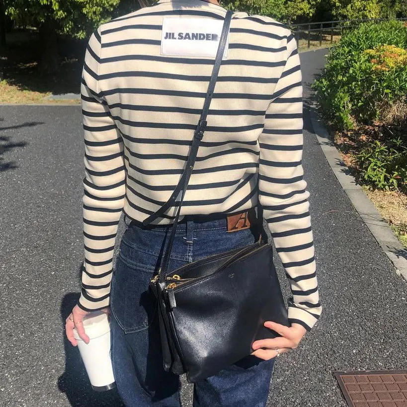 

JIL продолжает писать классические 21 осень новые продукты Женская футболка в полоску с длинными рукавами и круглым вырезом трикотажный топ