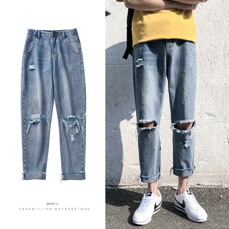 

Wholesale 2022 Fashion Wide-legged Handsome Hole Jeans Beggar Hong Kong Style Pants Male Loose Korean Trend Straight Jeans Men