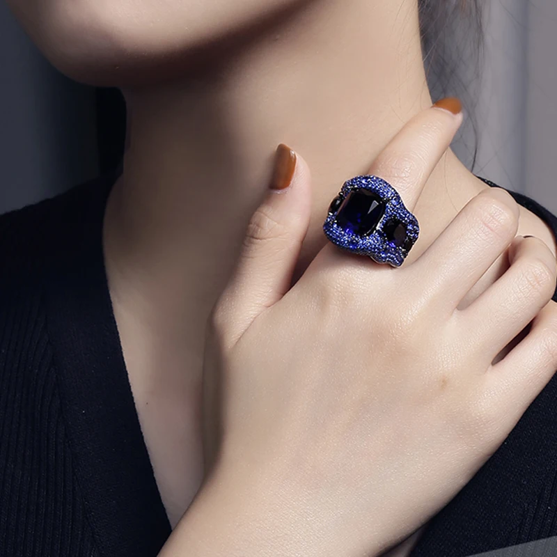 Женское большое кольцо из серебра 100% пробы с синим сапфиром и аквамарином|Кольца|