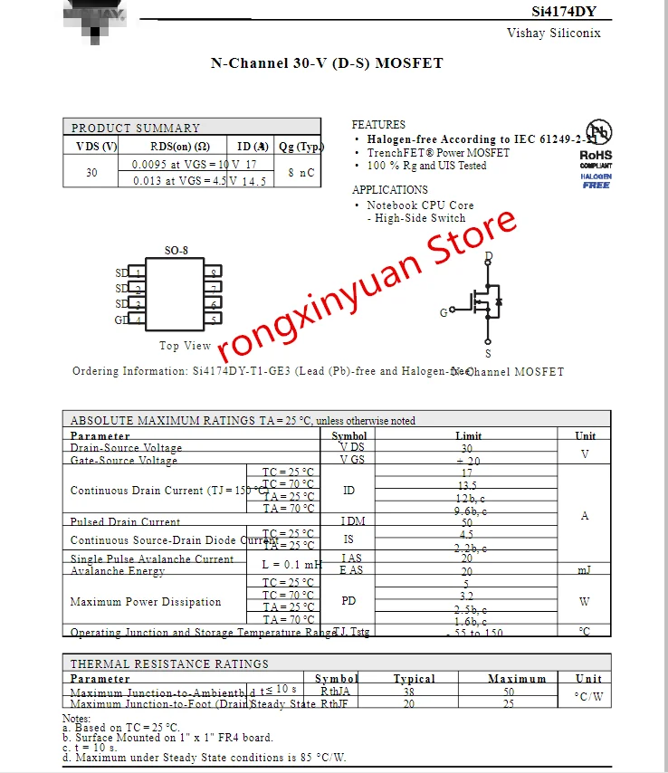 SI4174DY-T1-GE3 4174 SI4174DY-T1-E3 SI4174DY-T1 SI4174DY SI4174 лапками углублением SOP-8 N-Channel 30-V (D-S) MOSFET 100%