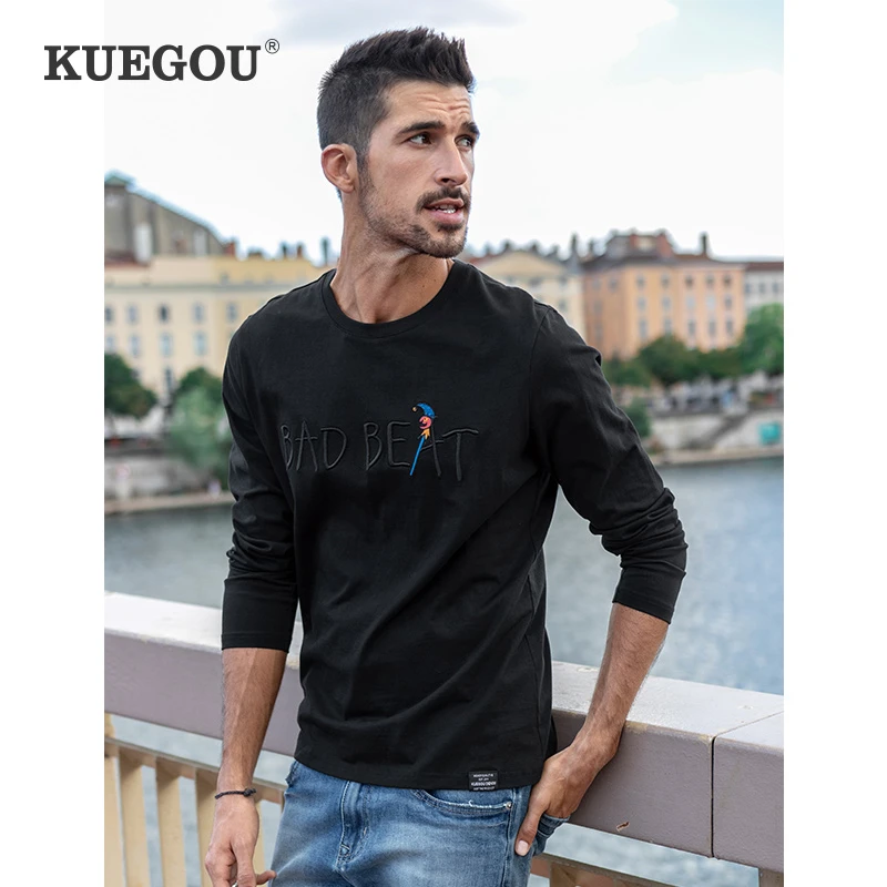 

KUEGOU 2022 Spring 100% Cotton Embroidery White T Shirt Men Tshirt Brand T-shirt Long Sleeve Tee Shirt Male Plus Size Tops 88106