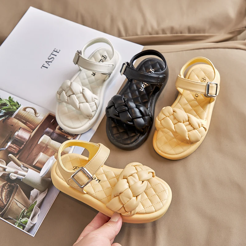

Fashion Girls Sandals Black Weave Leather Princess Shoes Kids White Dress Beach Sandals for Girl Party Shoes 3-12Years Sandalias