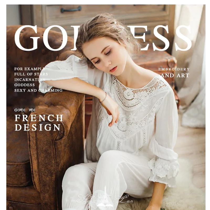2 pieces women sleepwear French count wind Pajamas set cotton pajamas for female lace Princess bow home service Romatic suit