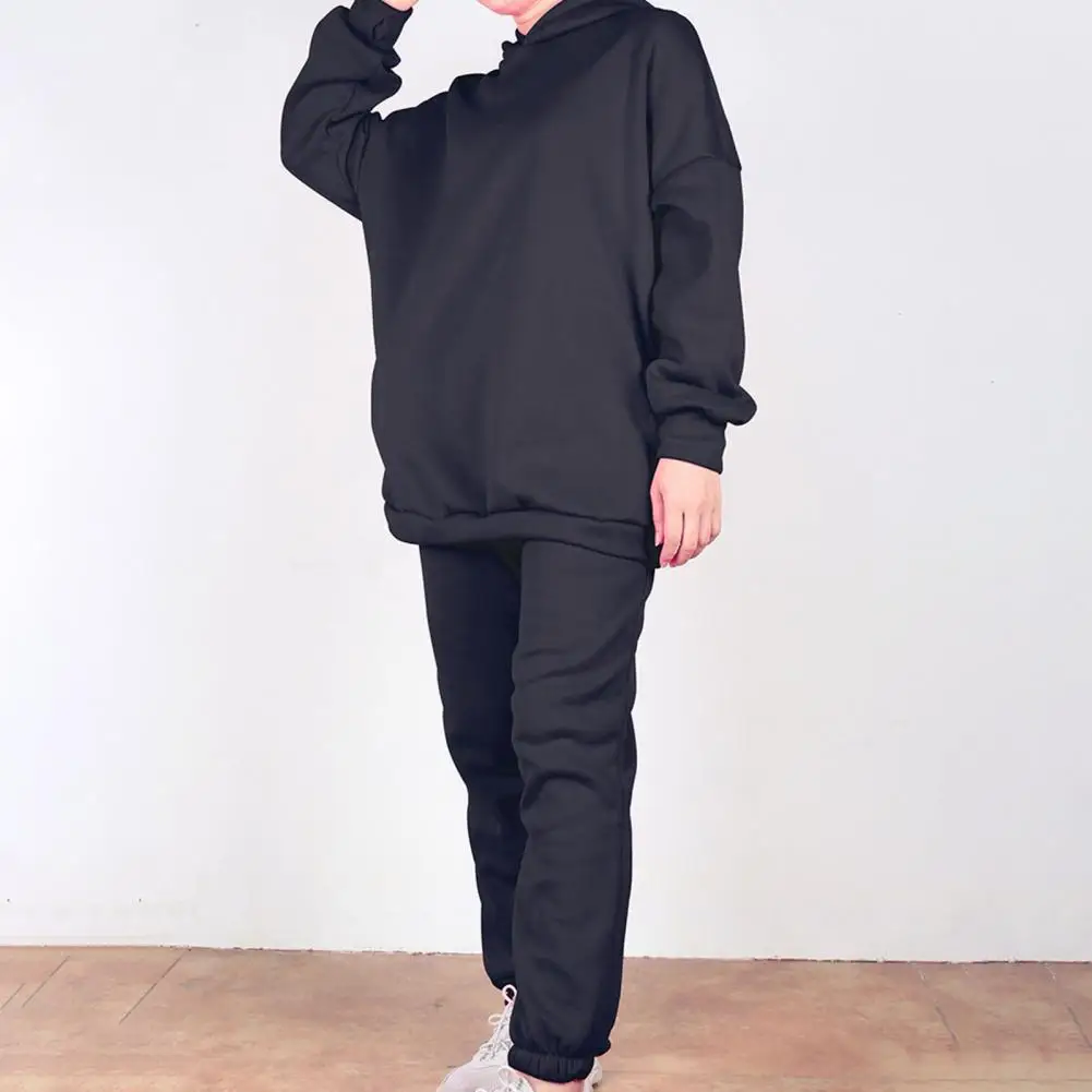 

Women Autumn Suit Solid Color Quick Drying Anti-shrink Top Pants Suit Long Sleeve Thick Hooded Lady Suit for Daily Wear