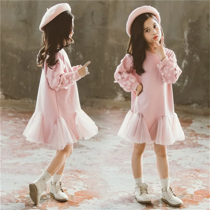 

Children Princess Toddler Baby Girls Dress Ruffles Long Sleeve Solid Mini Trumpet Party Dresses Lace Splice Dress Vestidos 3-13Y