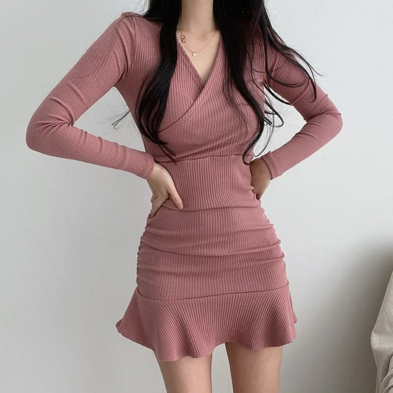 

Vestidos Korean Women V-Neck Sexy Slim Flounced Edge Knitting Dress 2021 Autumn Winter New Female Long Sleeve Mini Office Dress