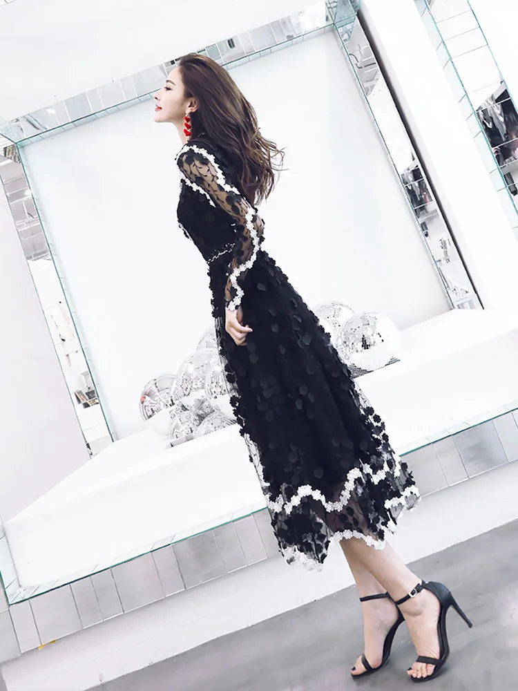 

Princess Women's Dress 2020 Spring Summer Party Ladies Hand Made Flower Deco Long Sleeve Big Swing Lace Mesh Dress Vestidos XL