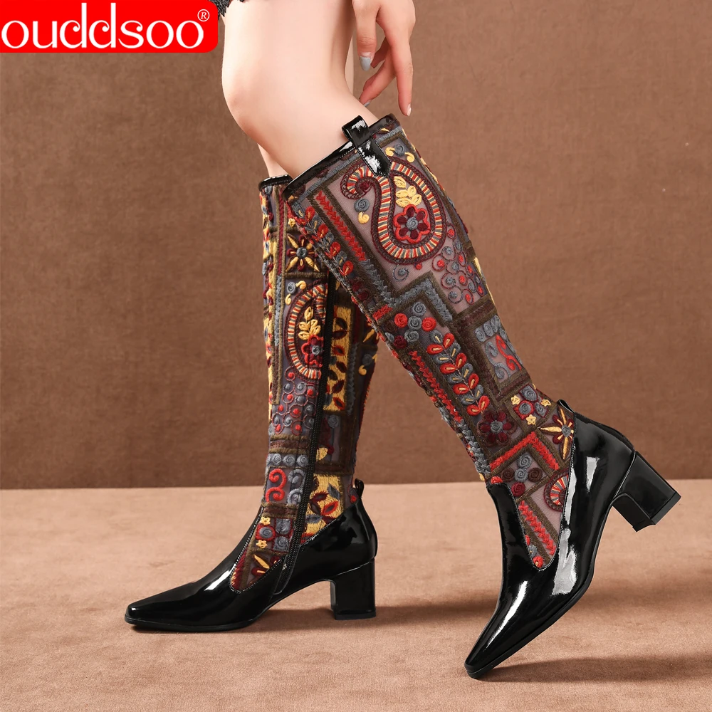 

ODS 2021 Knee-high Boots Embroider Flower Square Heels Shoes Women's Long Shoes Casual Pointed Toe Long Boots Women Large Size