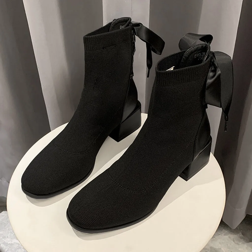 2019 зимние ботинки ботильоны на толстом каблуке botas mujer вязаные эластичные носки