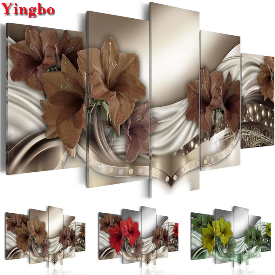 Квадратная Алмазная вышивка современная картина 5 панелей красивая Лилия