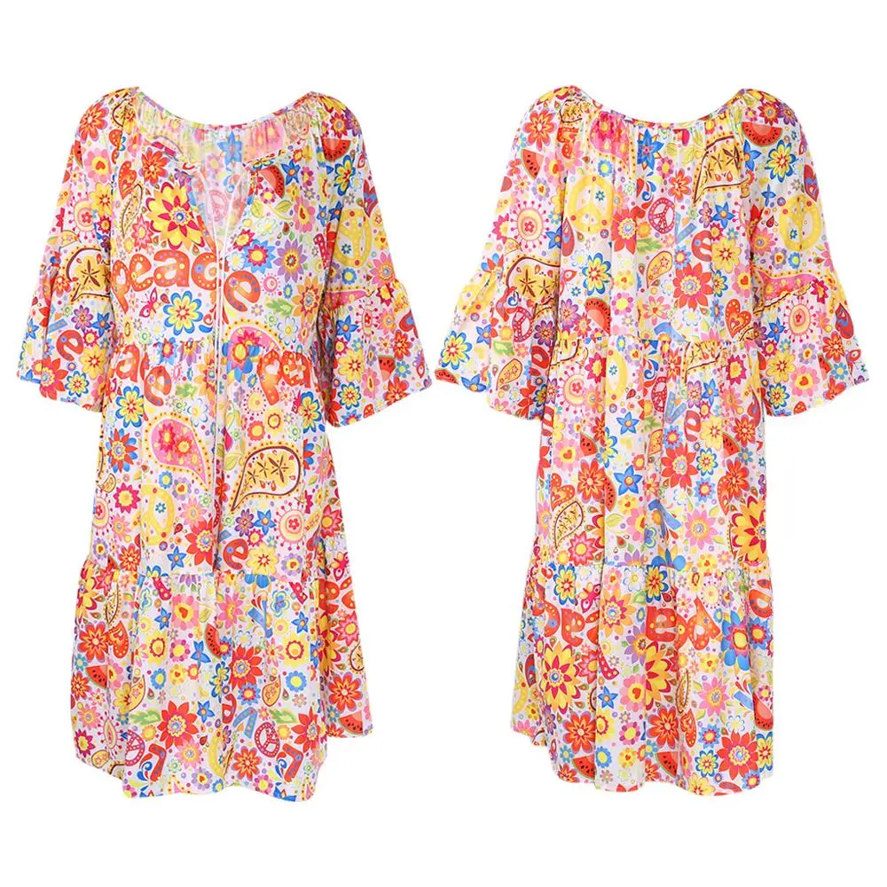 Женское летнее платье рубашка с цветочным принтом и длинным рукавом|Женские