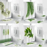 green leaves printing shower curtain tropical plants natural bathroom curtains anti slip bath mat set toilet rugs carpet