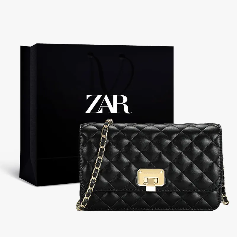

ZAR Black Crossbody Bag Chain Luxury Leather Handbags Women Bags Designer Chain Diamond Small Square Bag Europe America