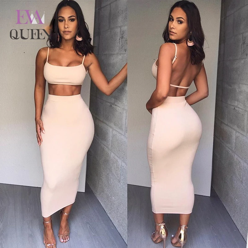 Облегающий костюм EvaQueen цвета хаки модель 2019 кроп топ с открытой спиной и