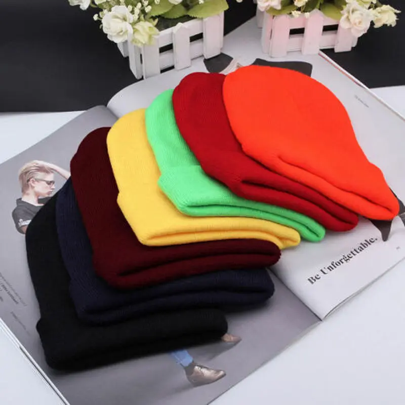 

Winter Hat Beanie Plain Knitted Autumn Winter Warm Ski Cuff Cap Wool Soft Slouchy Skull Caps Beanies Men Women Street Hats