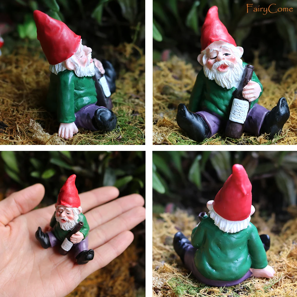 Red-hatted gnome seated with a wine bottle, shown from four angles
