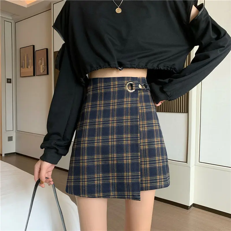

Women Skirts Irregular Plaid High Waist A-line Mini Skirt Fashion Casual Korean Style Streetwear Slim All-match Kawaii Simple