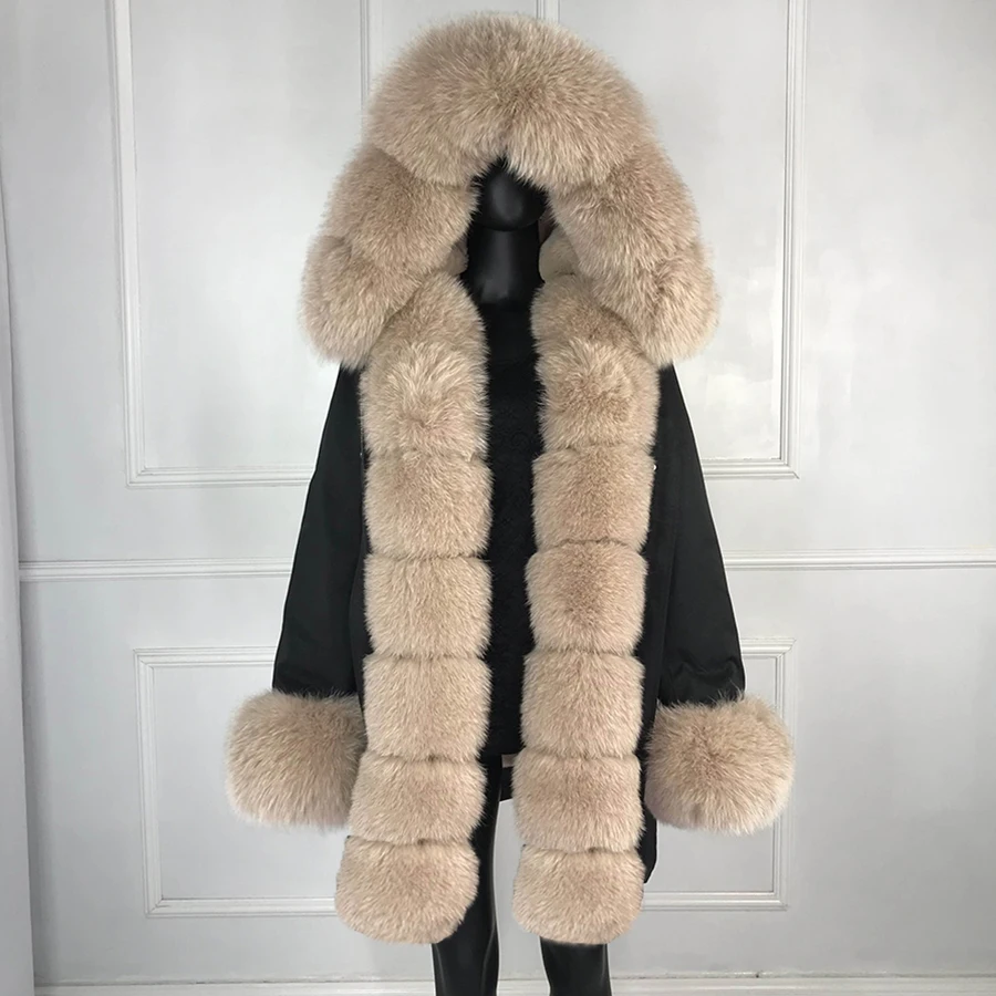 real natural fox fur coat jacket parka with big fox fur collar rabbit fur liner thick warm fashion new winter waterproof