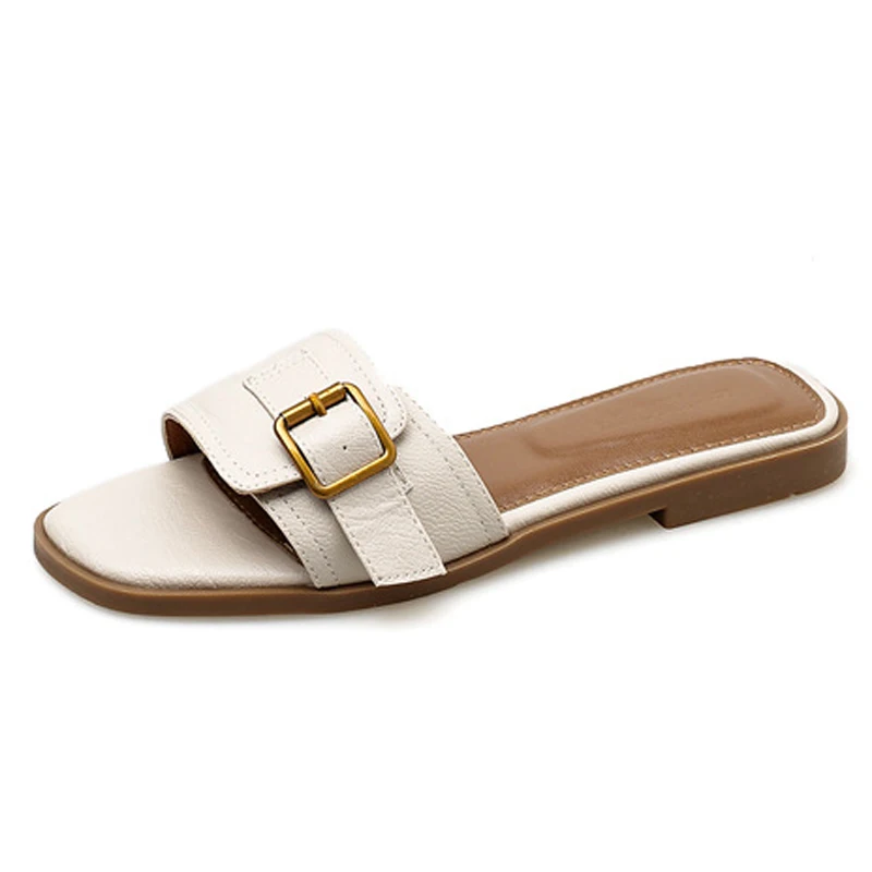 Шлепанцы женские кожаные однотонные пляжные сандалии на плоской подошве с