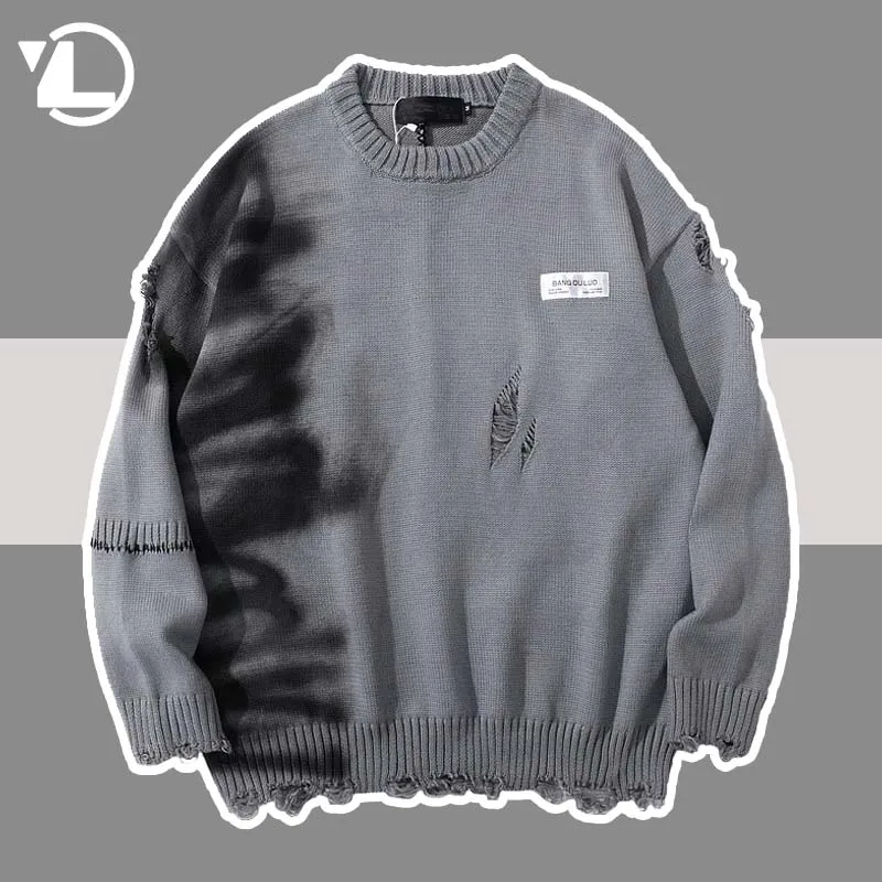 

Свитер мужской вязаный с граффити, уличная одежда в стиле хип-хоп, пуловер в стиле панк-рок, повседневный Свитер оверсайз с заушками для пар, осень