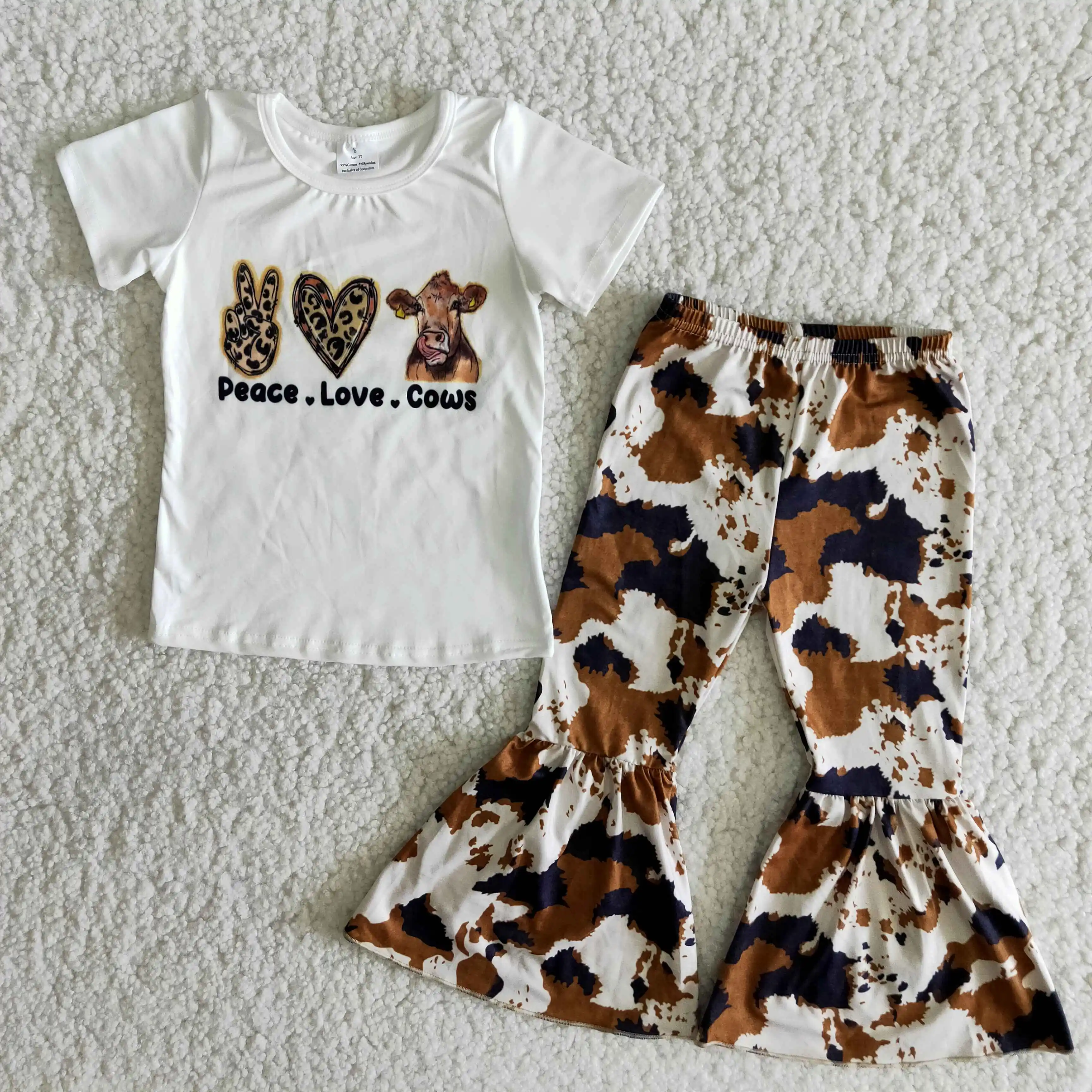 

2021 New Baby Girls Clothes Cow Print Short Sleeve Long Bell-Bottom Pants Toddler Kids Wear