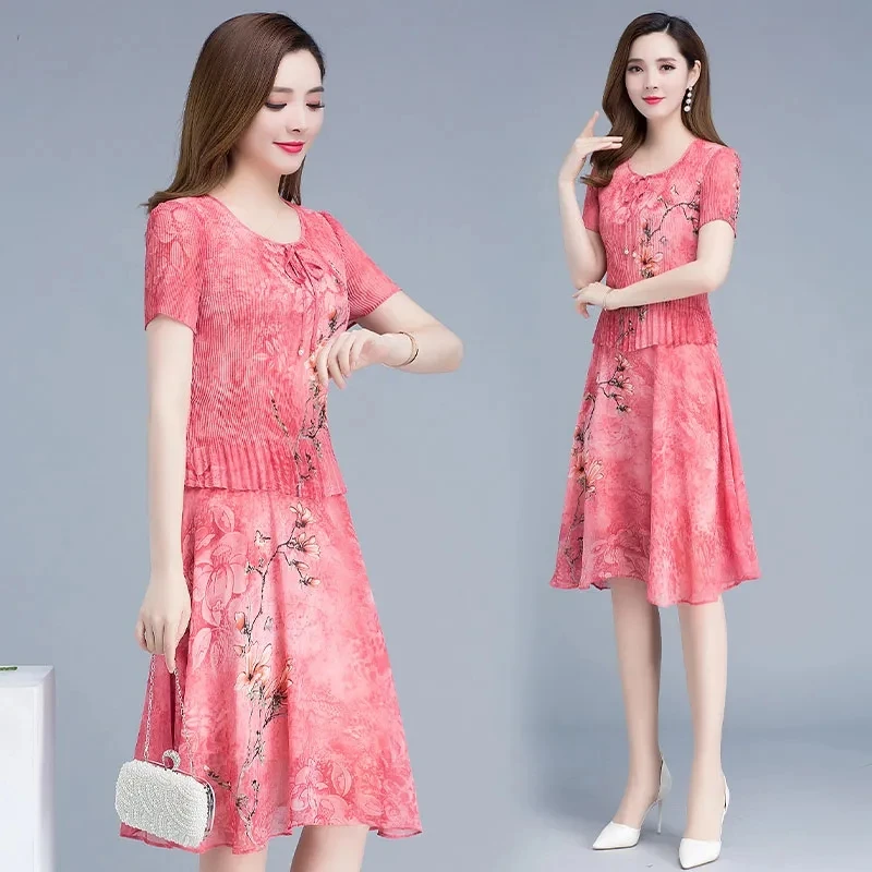 

Chinese Style Print Chiffon Dress Women 2021 New Summer Casual Short Sleeve Fake Two Dress Patchwork Vintage Ruffle Midi Dresses