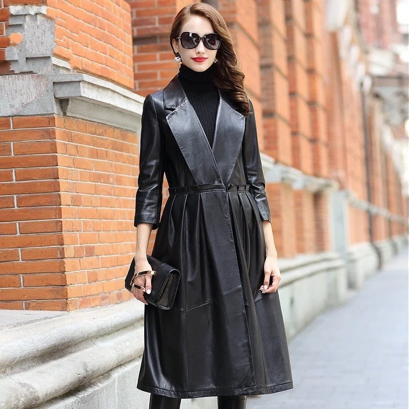 

Длинная кожаная куртка с оборками, Длинная кожаная куртка с стильными оборками для женщин, в основном из натуральной овчины, для офиса