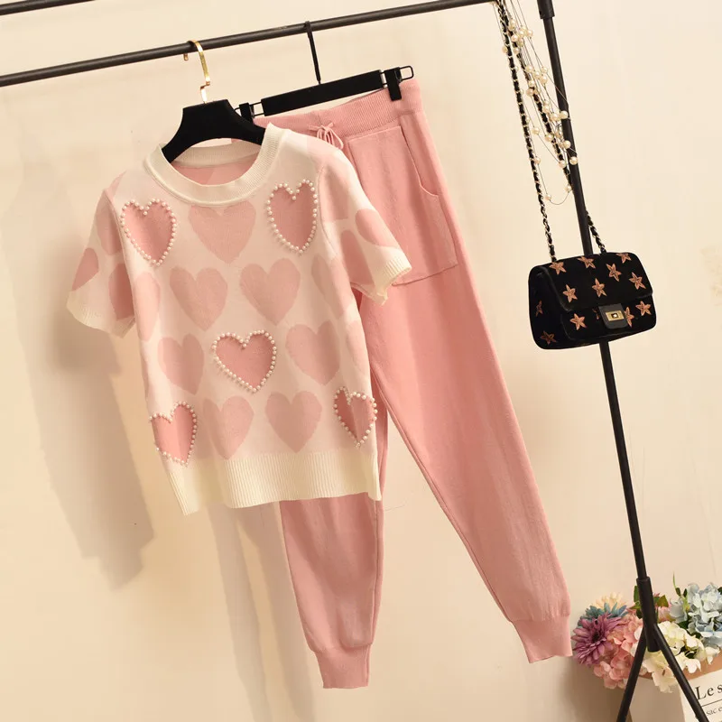 

2021 new spring 2 piece set women Pearl heart short sleeve top and solid Loose lace-up trousers loose 2 piece sets for women