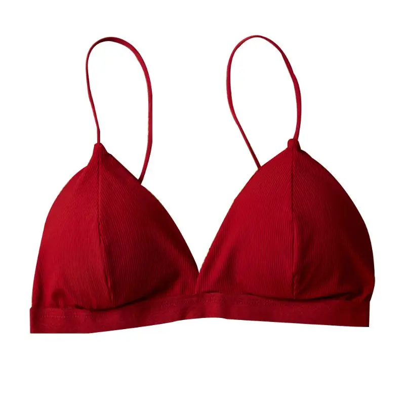 Women French Style Sexy V-Neck Spaghetti Strap Triangle Bra Ribbed Knit Solid Color Underwear Bralette Seamless Padded Brassiere