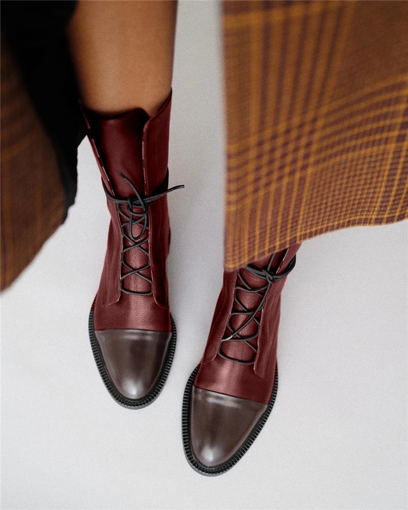 

2021 Spring Casual Fashion Flat Women Shoes PU Leather Ankle Boots Pebble Grain Lace-Up Biker Boots